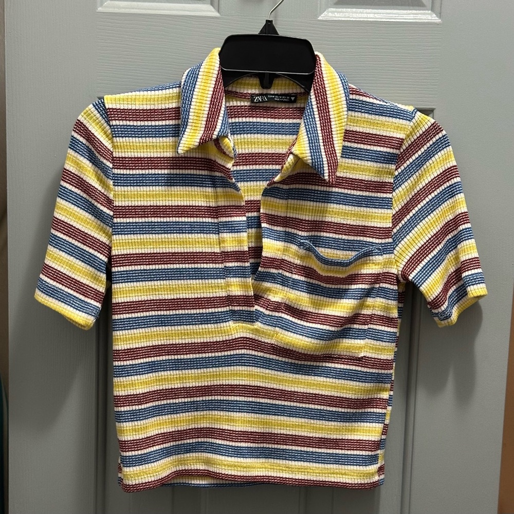 ZARA Striped Ribbed Cropped Knit Polo Shirt w/ Pocket Women’s Size Medium